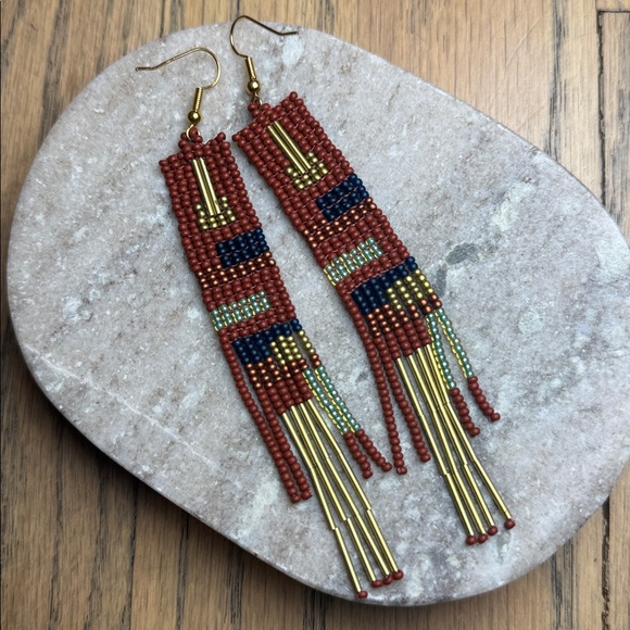 Handcrafted Beaded Earrings - Rust & Gold Multicolor - Picture 4 of 5